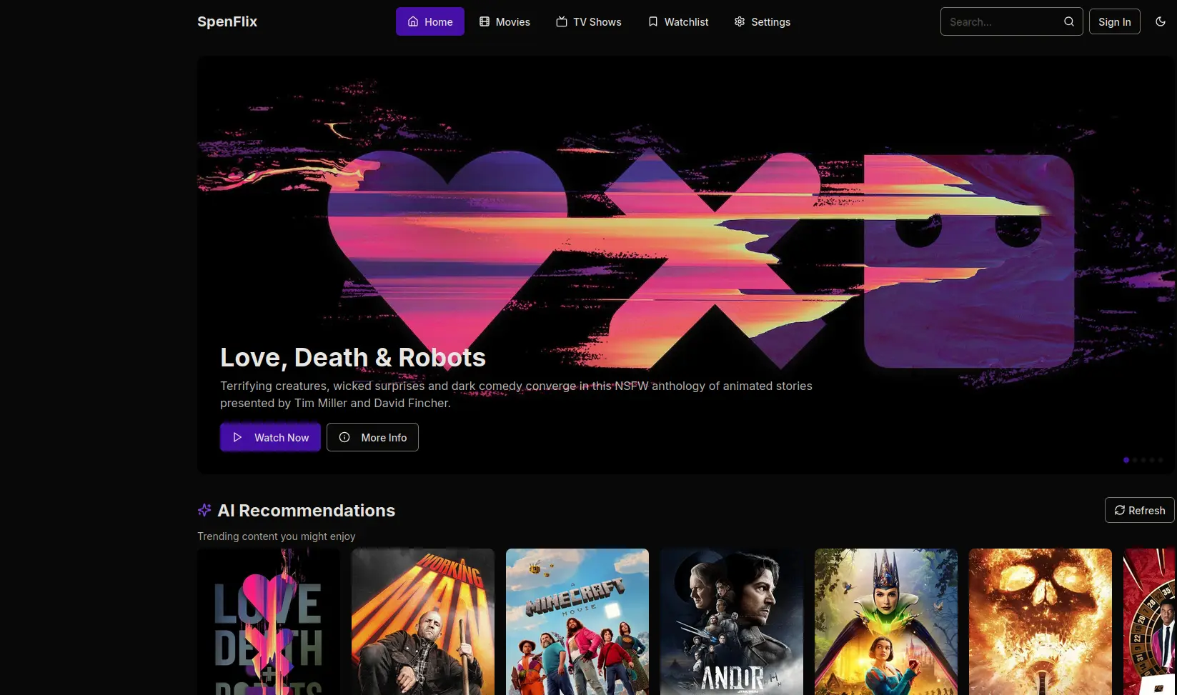 Page d'accueil de SpenFlix 2025